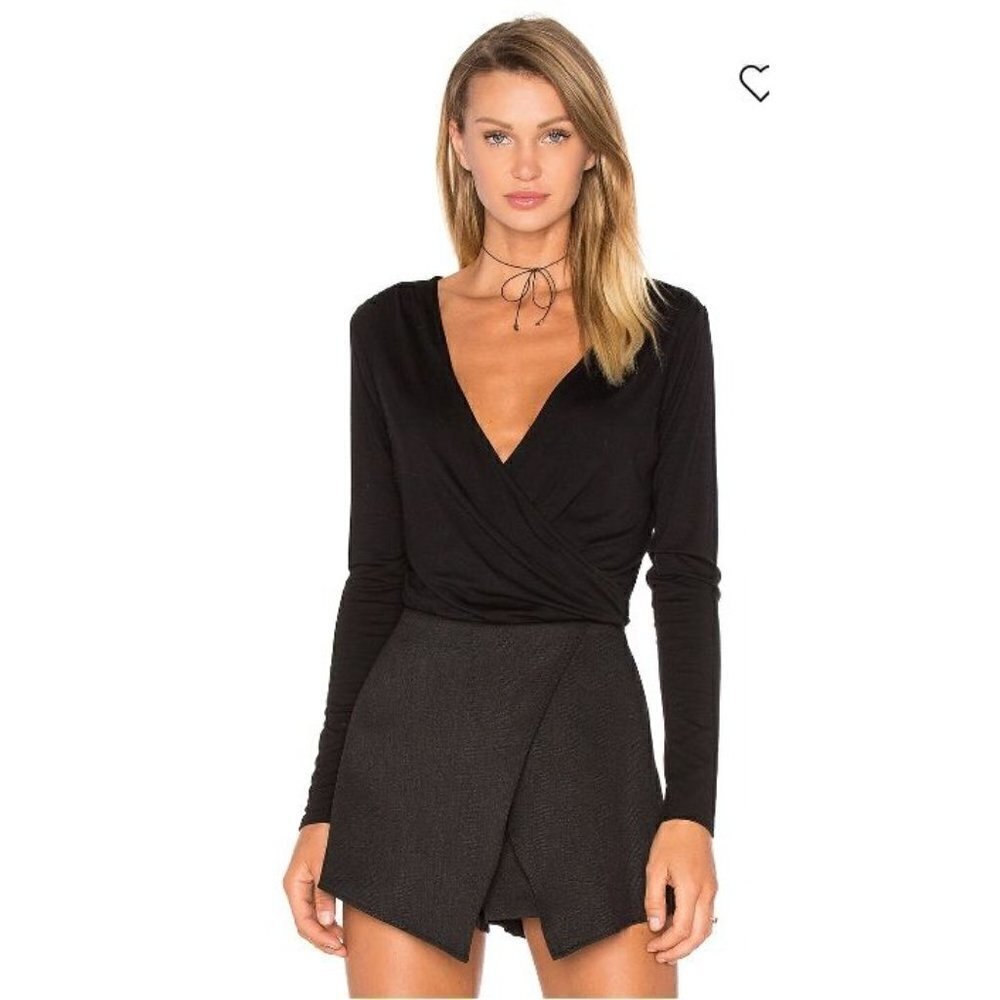 Ella Moss Black Bella Long Sleeve Wrap Front Bodysuit L